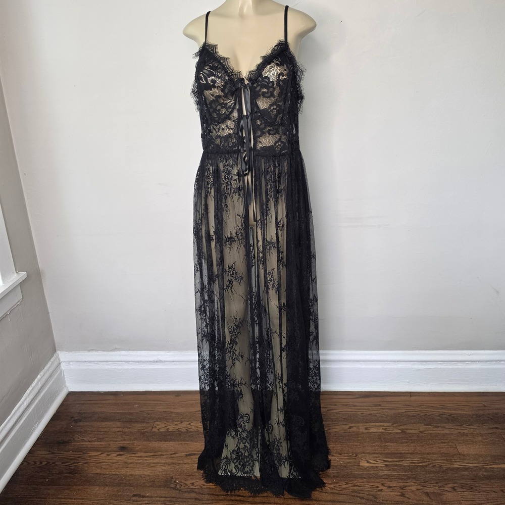 SHEIN Lingerie Gown Womens 2XL Black Curve Lace Sheer Maxi Eyelash Trim Sexy